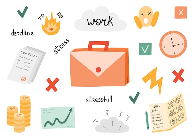 Set di lavoro con clipart vettoriali e lettering concetto di scadenze lavoro stressante gestione del tempo attività di pianificazione finanze che prendono contatti illustrazione disegnata a mano isolata sullo stress sul lavoro