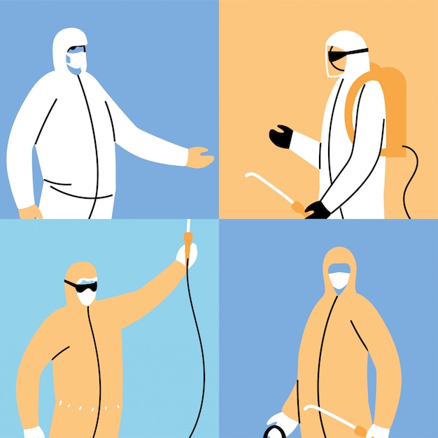 Work teams wear protective suit, posters disinfection by coronavirus