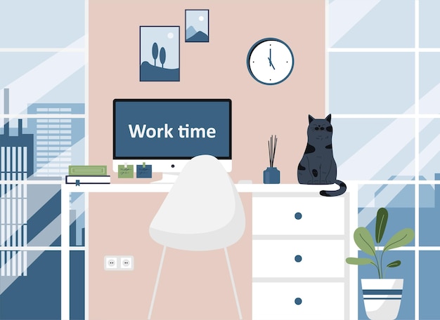 벡터 작업 시간 개념 프리랜서 또는 원격 직원 아파트 작업장 주인을 기다리는 고양이