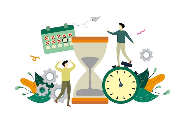 Vector work time management, deadline flat illustration with big hourglass and small people