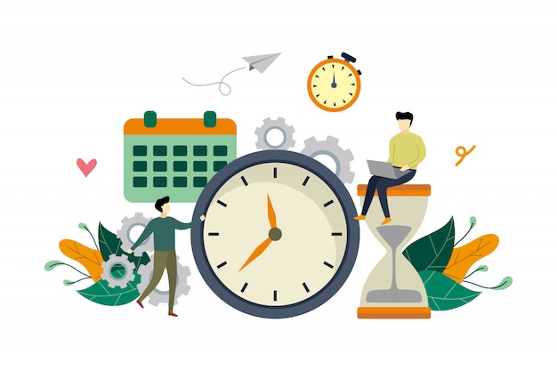 Work time management flat illustration with big clock and small people