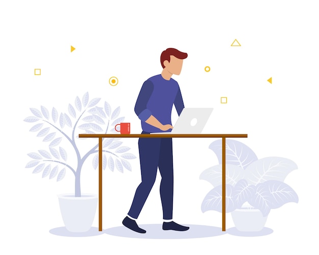 Work time standing on desk with people working with modern flat style vector illustration