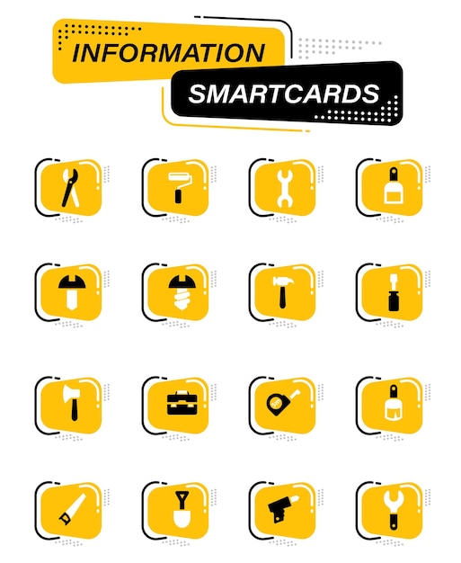 Vector work tools color vector icons on information smart cards for user interface design