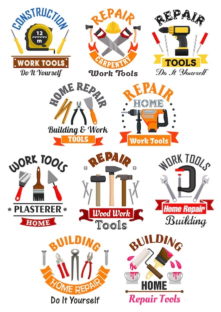 Набор эмблем рабочих инструментов для ремонтного строительства