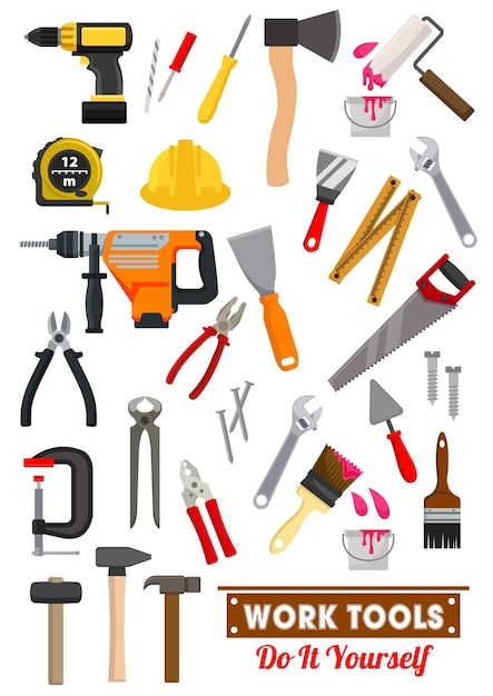 Vector work tools and equipment isolated icons