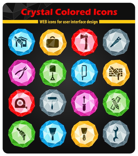 Icone degli strumenti di lavoro sui cristalli colorati luminosi dei bottoni