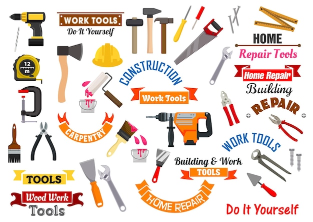 Vector work tools icons repair construction signs set