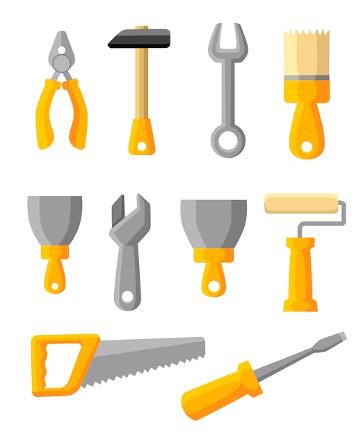 Set di icone di strumenti di lavoro. strumenti da costruzione, edifici da costruzione, martello, cacciavite, sega, lima, spatola, righello, rullo, pennello. stile . illustrazione su sfondo bianco