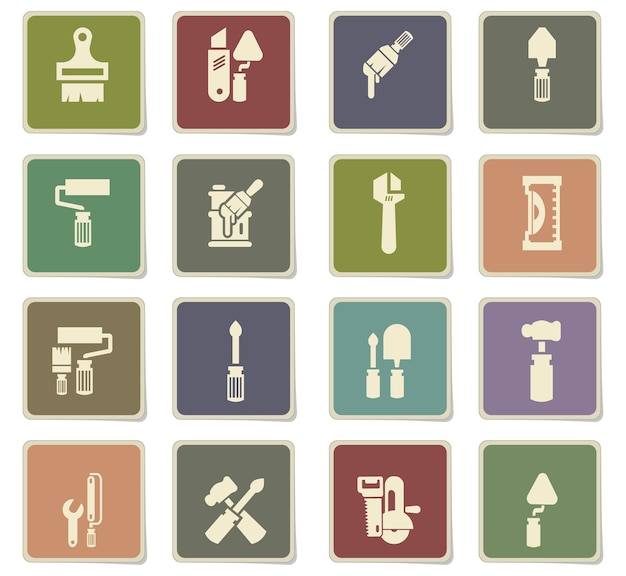 Work tools icons on square paper stickers with shadow