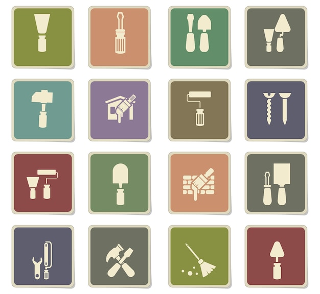 Work tools icons on square paper stickers with shadow