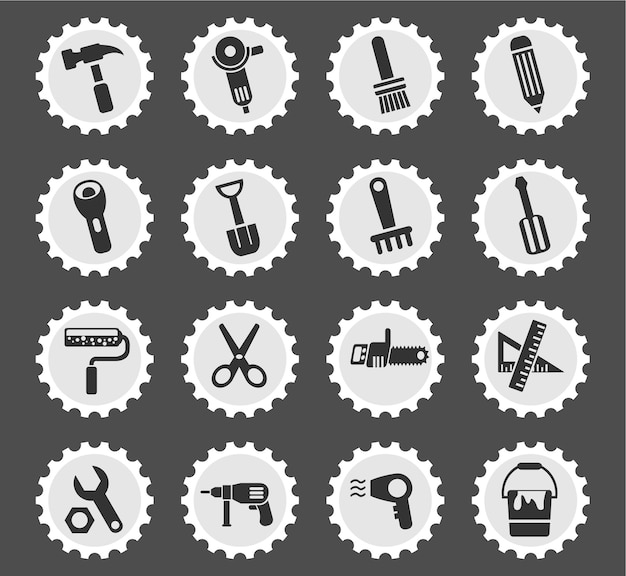 Work tools icons on stylized round postage stamps