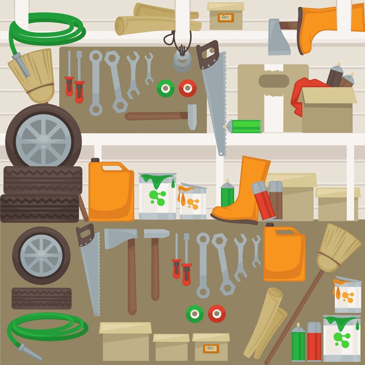 Vector work tools on wall in garage.