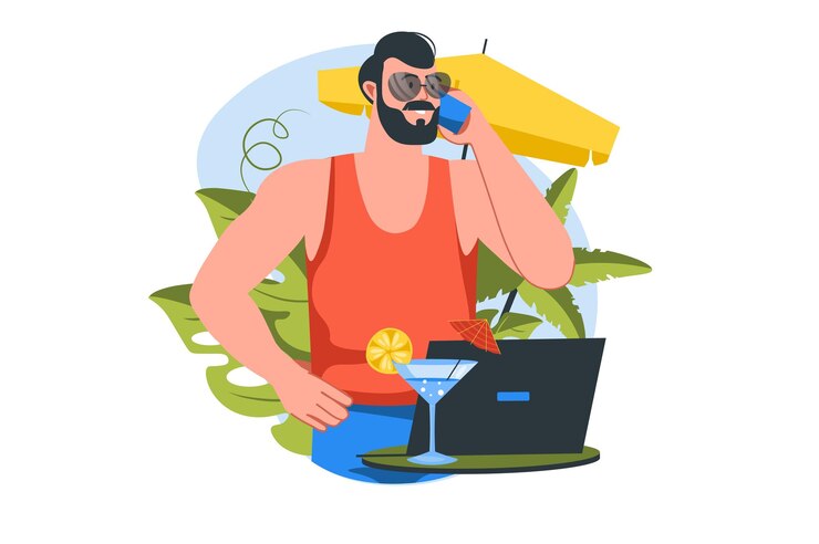Vector work on vacation concept with people scene in the flat cartoon design man solves work affairs