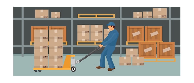 Vector work of a warehouse employee transportation storage workers man shipping of boxes with cargo on a special lift truck delivery of products sorting in the logistic warehouse cartoon vector