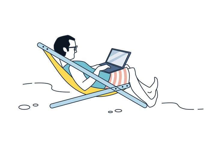 Vector work with laptop man with laptop lying on deck chair working on vacation freelance male character in comfortable conditions vector self employed guy isolated illustration