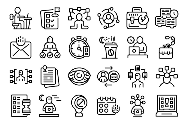 Workaholic icons set outline vector vrouw vermoeid burn-out bed nacht ziek