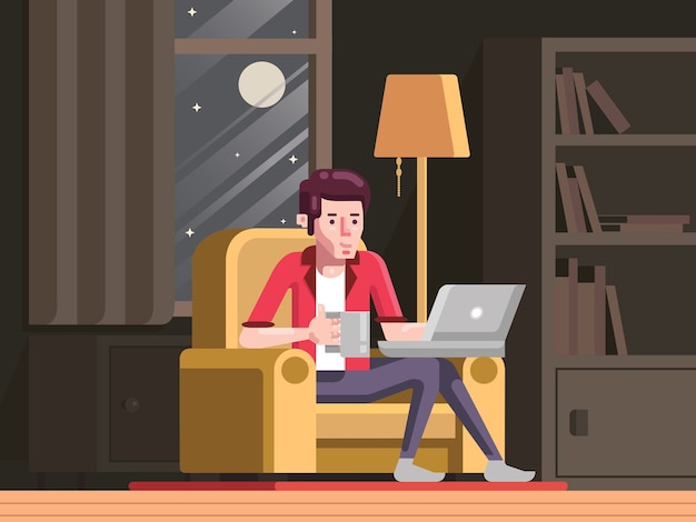 workaholic man working from home at night, young man studying online, refreshing after work with laptop illustration vector