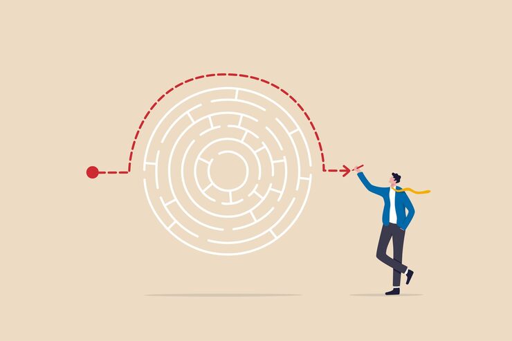 Vector workaround or solution to bypass problem or difficulty creativity to overcome obstacle or solving business problem avoiding path concept businessman genius draw workaround line to solve labyrinth