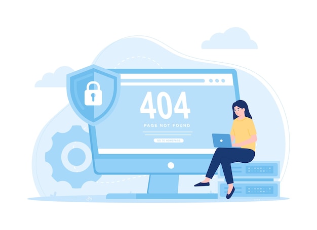 Worker are looking for data storage errors 404 error trending concept flat illustration
