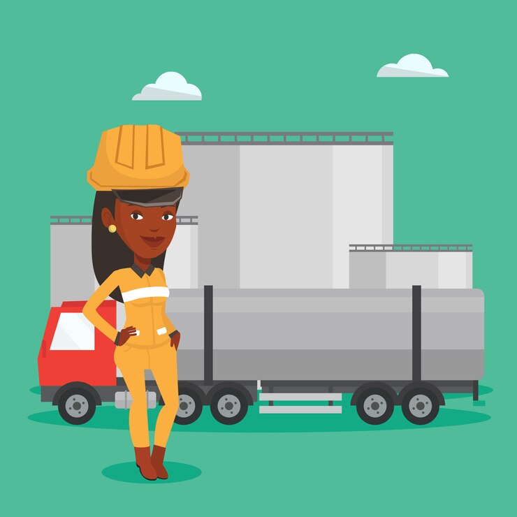 Vector worker on background of fuel truck and oil plant.