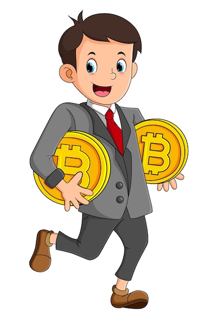 The worker boy is walking and so happy while holding two bitcoins