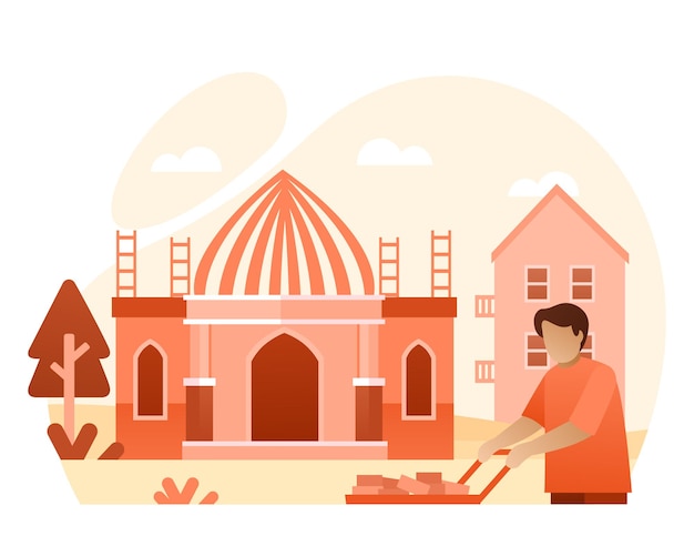 A Worker Builds A Mosque Illustration