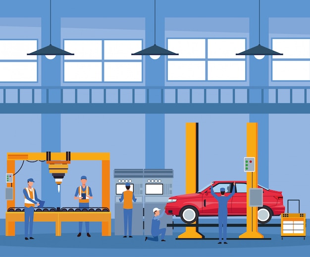 Vector worker on car factory