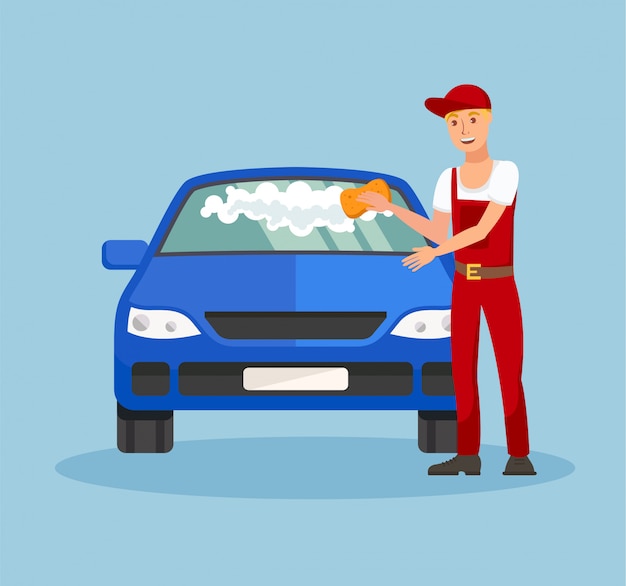 Worker in Car Wash Service Vector Illustration