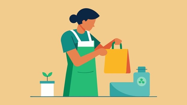 A worker carefully crafting a reusable cloth tote bag an alternative to singleuse plastic bags this