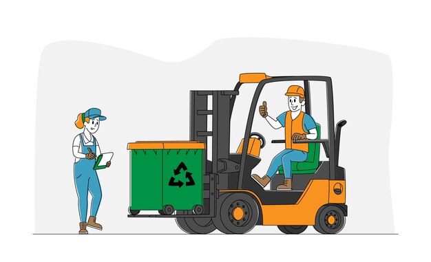 Worker character driving forklift truck with garbage for waste processing