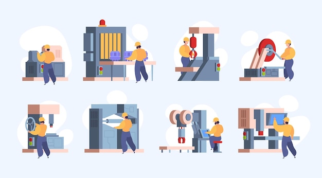 worker characters factory workers industrial engineers production technologies systems operational persons garish vector illustrations set