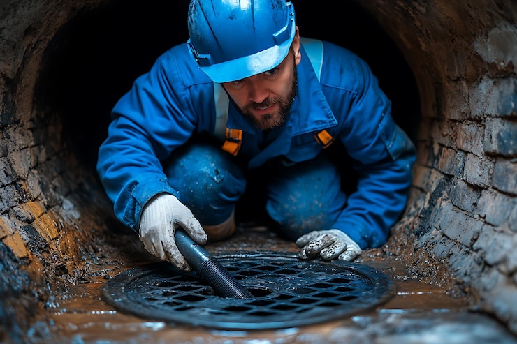 Vector worker cleaning a storm drain with a vacuum worker in a drainage tunnel with a flexible pipe