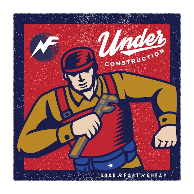 Worker And Under Construction Vintage Illustration