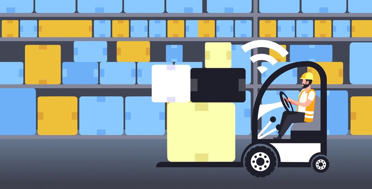 Vector worker driving forklift with boxes on pallet  online wireless connection concept warehouse interior fifth innovative generation of internet full length horizontal