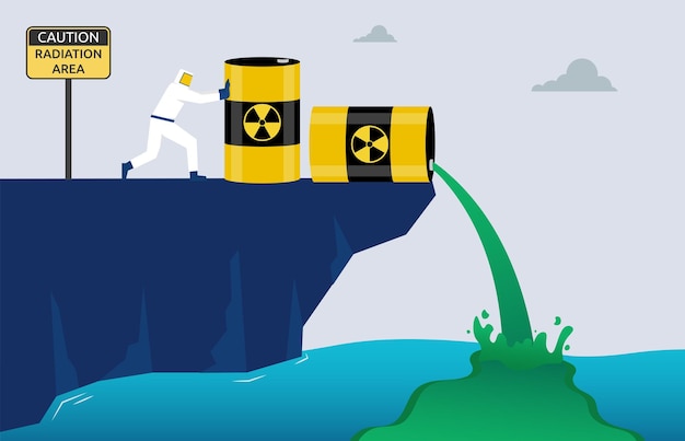 Vector worker dump radioactive waste into the sea hazardous waste water pollution global concern for human and environment health harmful material contamination