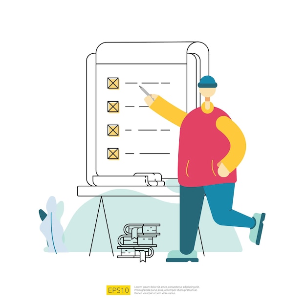 ベクトル 労働者の従業員は、船上でタスクリストの編成を行います。ビジネスマンのキャラクターとビジネスチェックリスト計画管理。フラットスタイルのアンケート調査概念ベクトル図