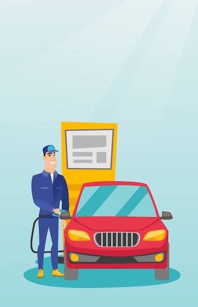 Worker filling up fuel into car at the gas station