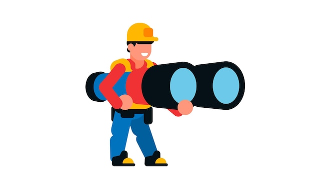 A worker holding a large binocular Builder and Benchol Smile happy spy watching Vector illustration isolated on white background