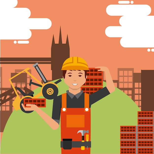 Vector worker holds bricks with hard hat