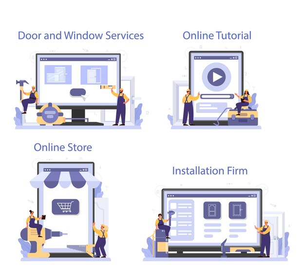 Работник в униформе устанавливает оконные и дверные онлайн-сервисы или платформы