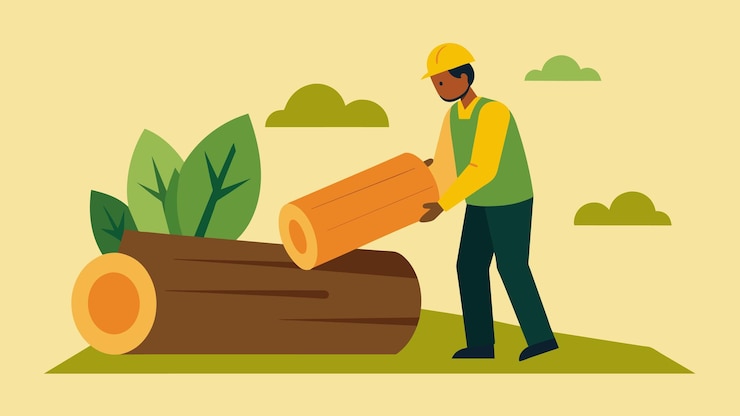 Vector a worker inspects a freshly log of sustainably sourced timber ensuring it meets strict environmental
