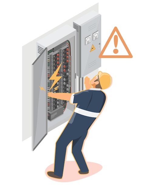 Il lavoratore è ferito da scosse elettriche, incidente elettrico, scatola elettrica, dipendenti, negligenza, tecnici