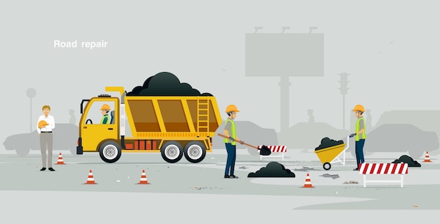 Vector a worker is repairing a damaged road surface with a gray background
