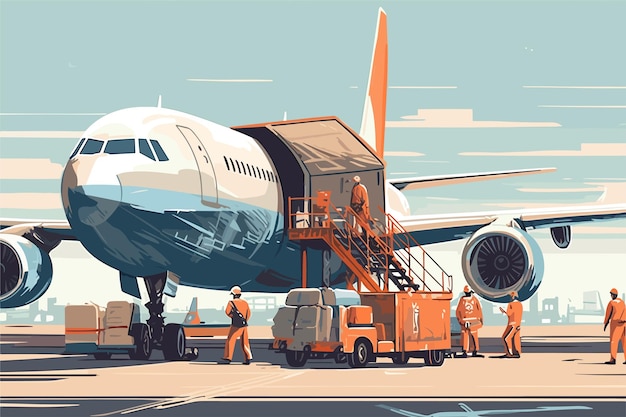 A worker is unloading luggage from an airplane vector art illustration