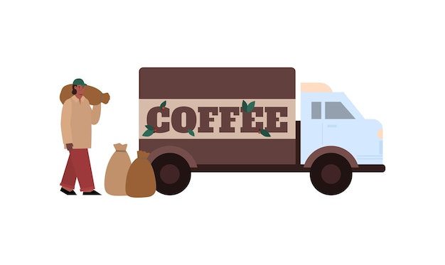 Vector worker loads bags with coffee into truck cartoon vector illustration isolated