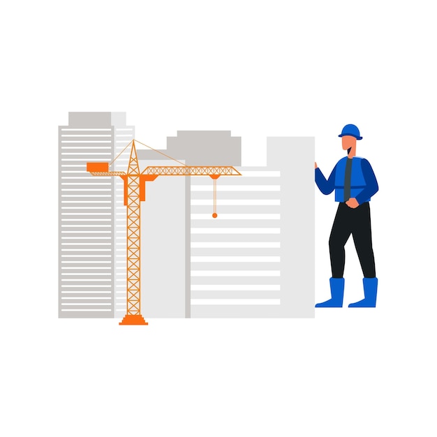 Vector worker looking at construction building