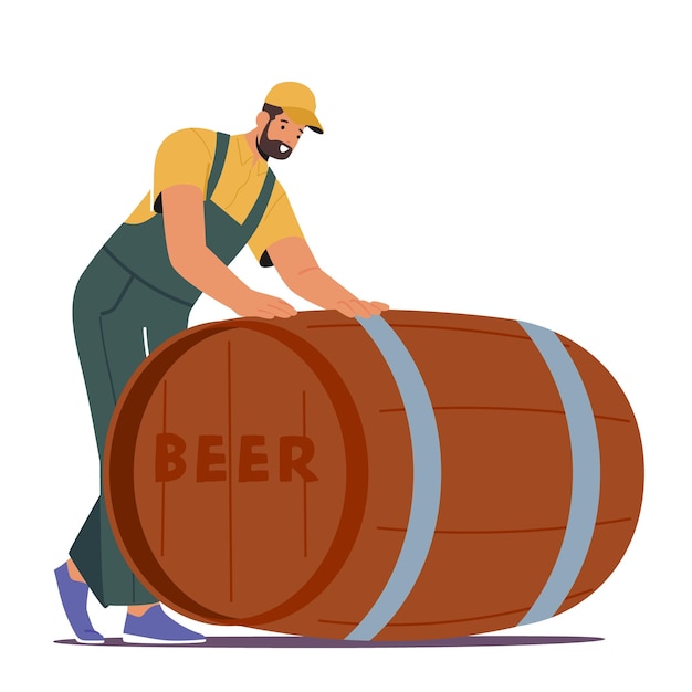 Worker Male Character Wear Uniform Rolls Huge Beer Barrel Using A Combination Of Strength And Balance Ensuring Smooth Transportation And Delivery Of Beverages Cartoon People Vector Illustration