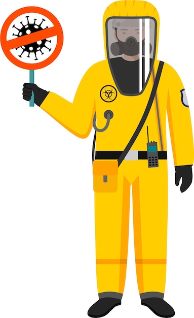 Vector worker man in radiation biohazard protective suit helmet and gas mask respirator holds warning sign