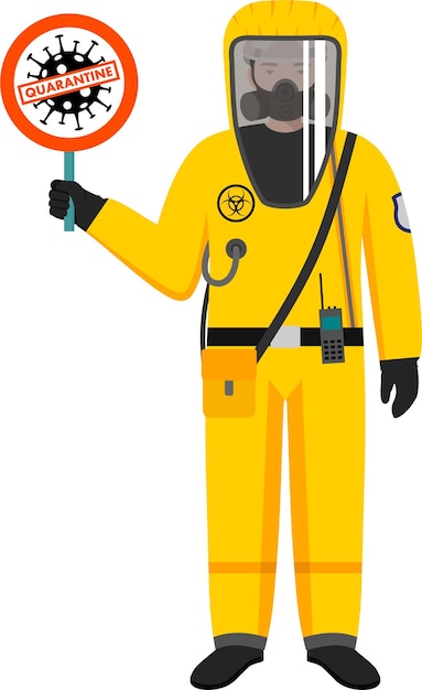 방사선 생물학적 위험 보호복 헬과 가스 마스크 호흡기를 입은 노동자 남자가 경고 표지판을 들고 있습니다.