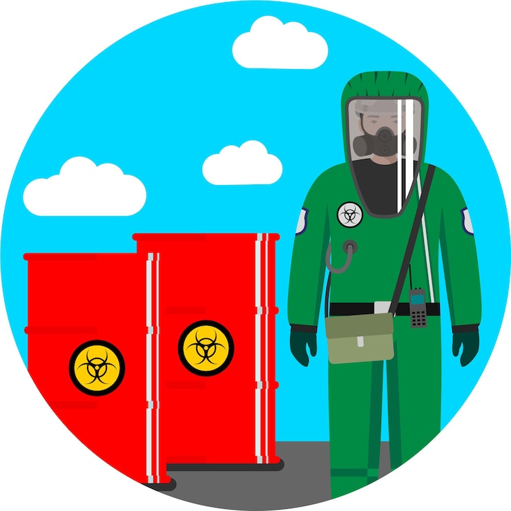 Vector worker man in radiation biohazard protective suit helmet and gas mask respirator and metal barrels